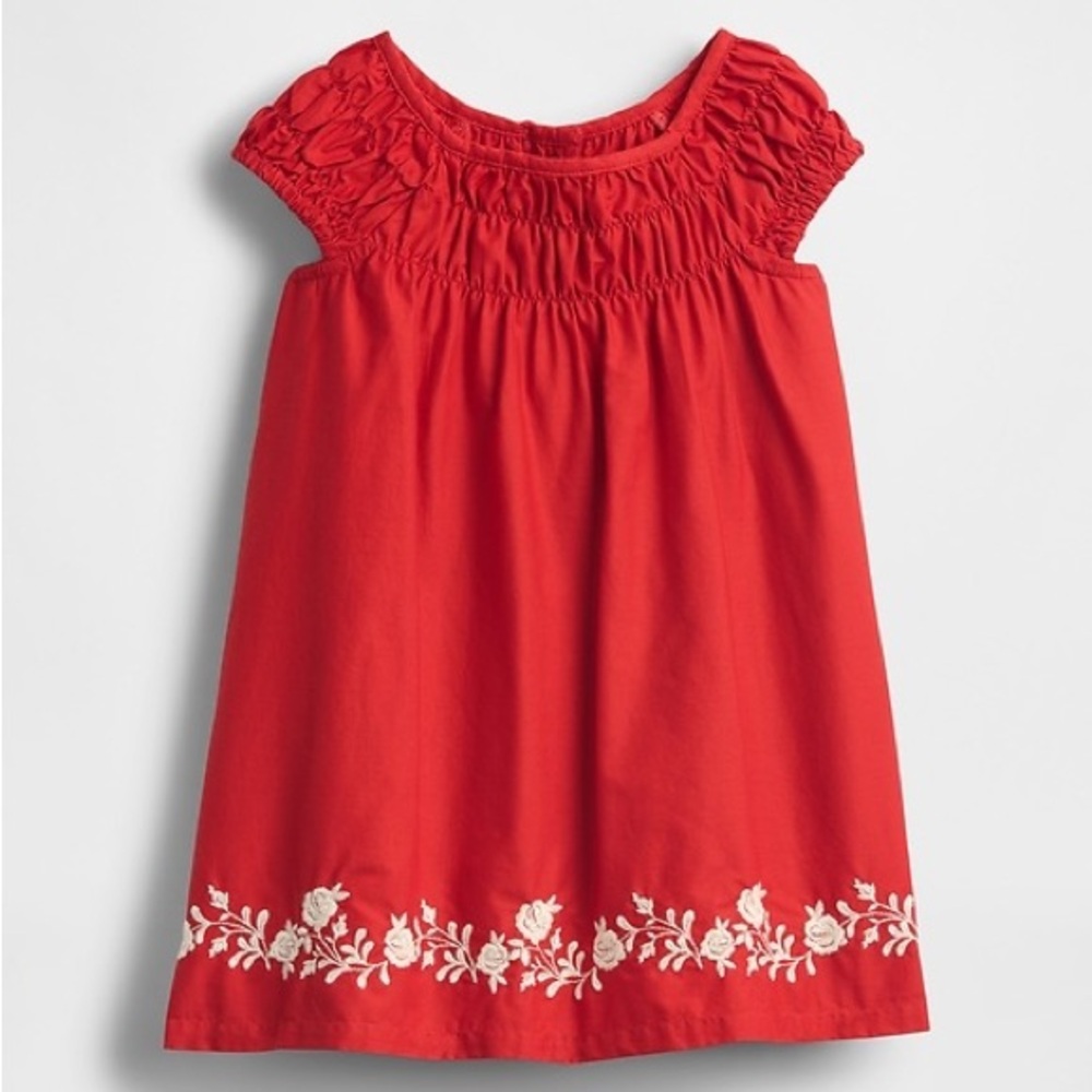 Baby Gap Red Smocked Puff-Sleeve Dress with Embroidered Floral Hem